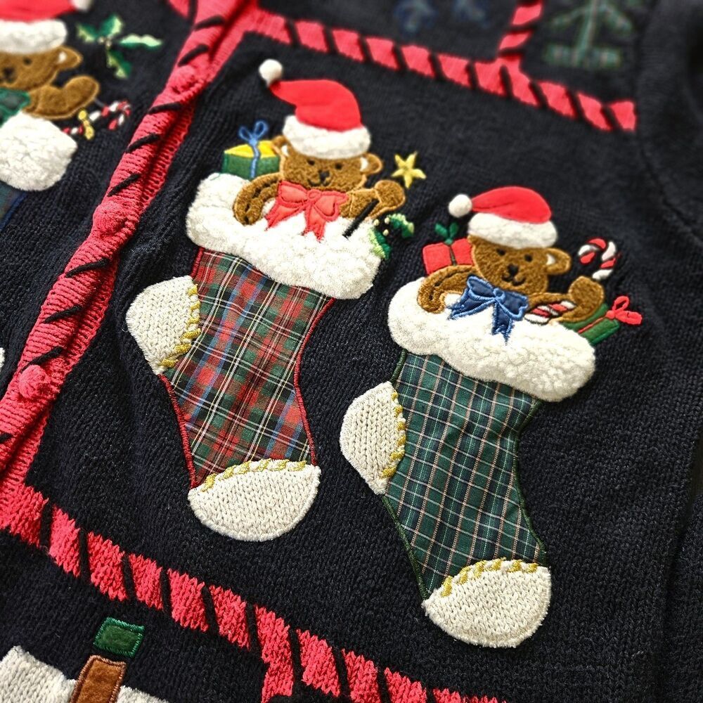 Vtg Christmas Cardigan Womens M Embroidered Teddy Bear Stockings Black Novelty - Picture 3 of 8